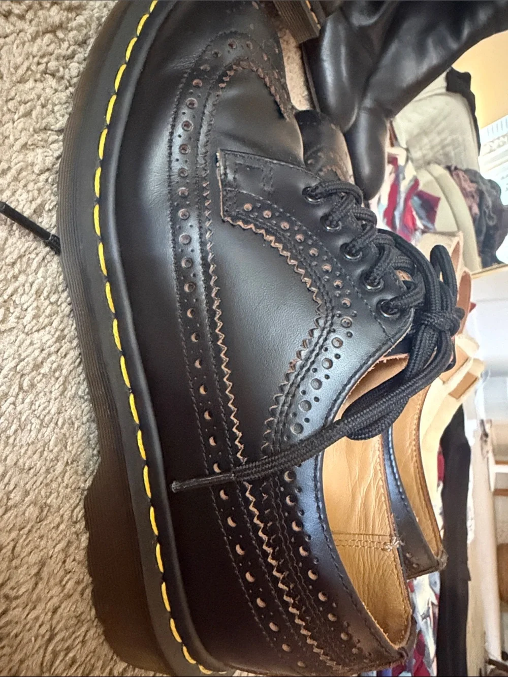 Dr. Martens Black Leather Wingtip Brogue Oxford with Yellow Stitching